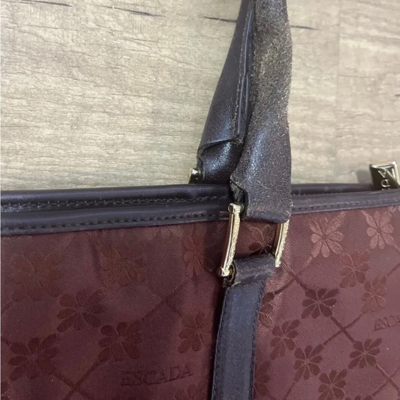 Vintage Escada Tote Bag Purse Canvas Leather Trim Brown Embossed Daisy Flower - Picture 4 of 10